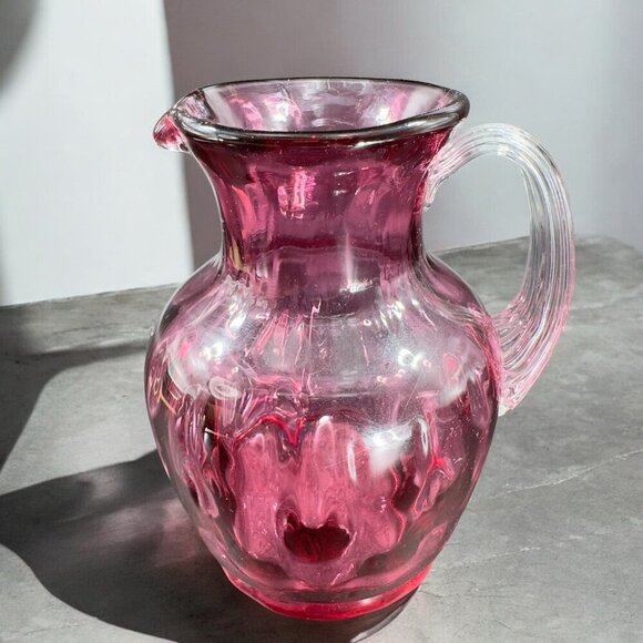 Vintage Pilgrim Glass Cranberry Optic Glass Pitcher Small Creamer Hand Blown VTG - Picture 1 of 14